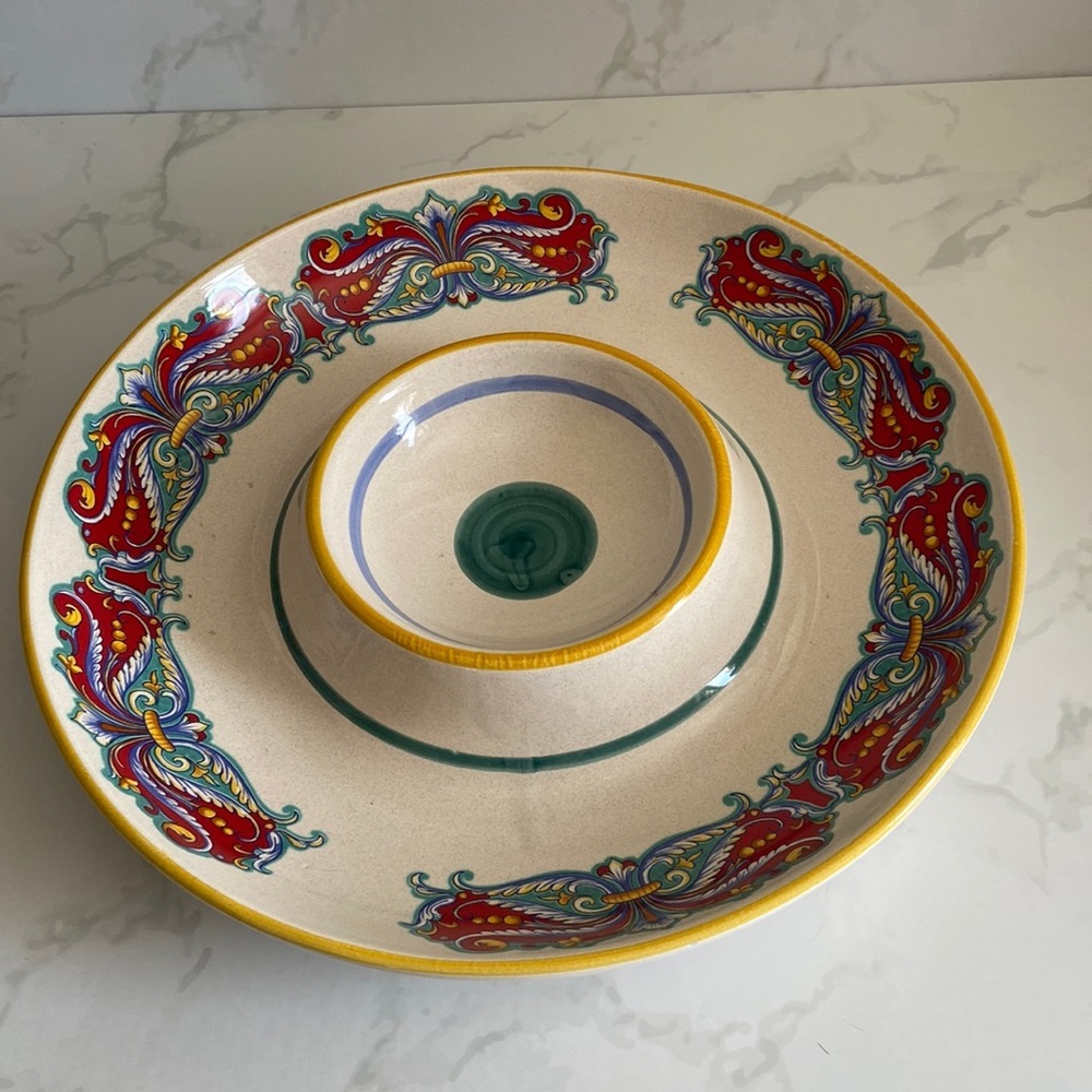 Vintage Deruta Italy Hand Painted Ceramic Chip Dip Serving Bowl Floral Paisley